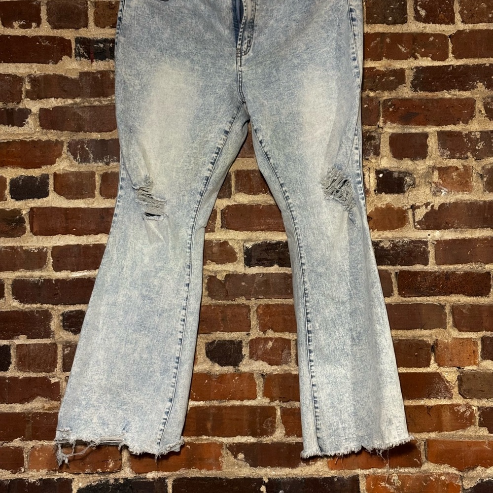 Almost Famous Light Blue High-Rise Flare Jeans with Distressed Knees